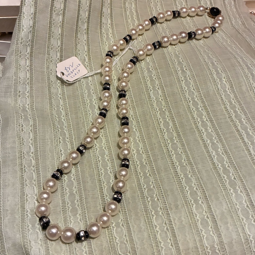 Pearl, Rhinestone Obsidian with Gold Filled Clasp Necklace